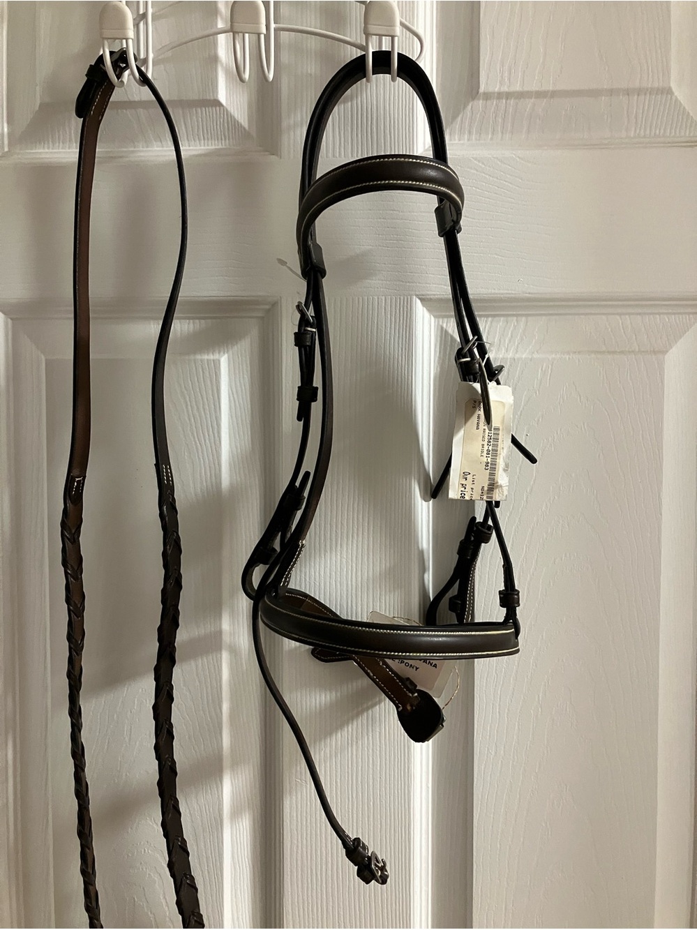 Brown Leather Horse Bridle with White Stitching. Pony Size Bridle